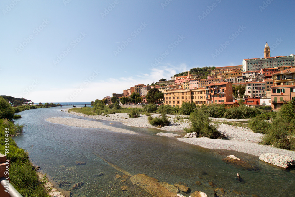 ventimiglia landscape with beautiful colorful houses in springtime