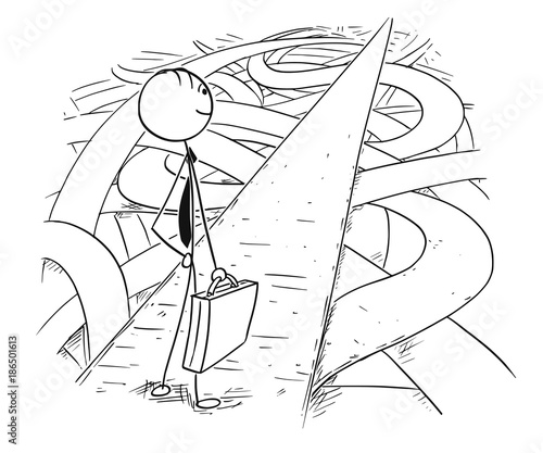 Conceptual Cartoon of Businessman Found Simple Way Through Chaos