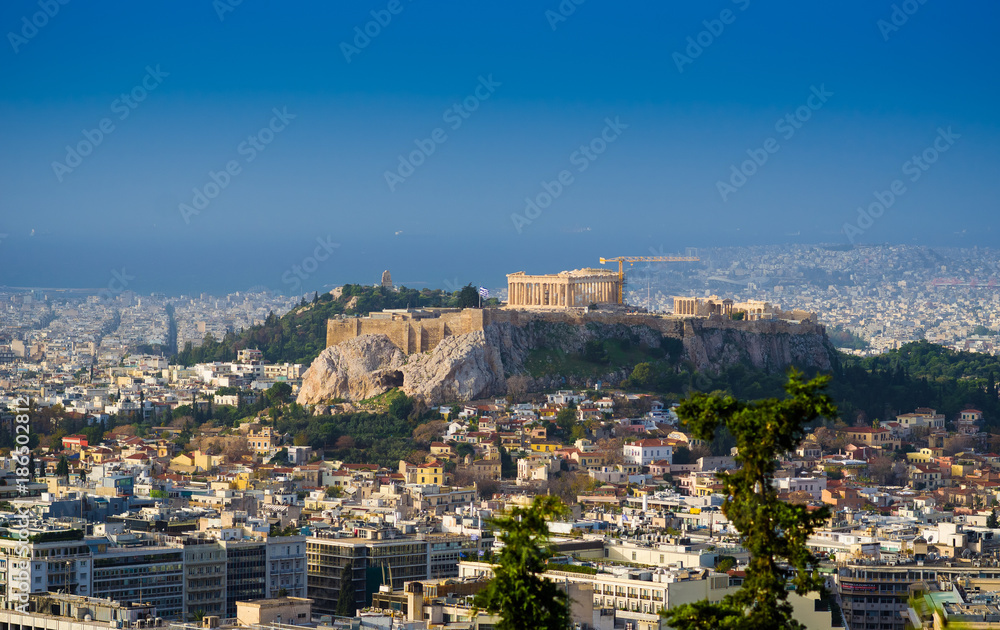 Hill of Arkopolis on which ancient temples from pure marble in the center of the Greek capital.