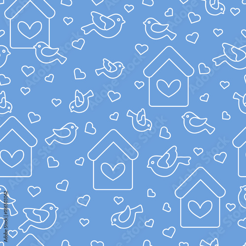 Seamless pattern with birds, birdhouses and hearts