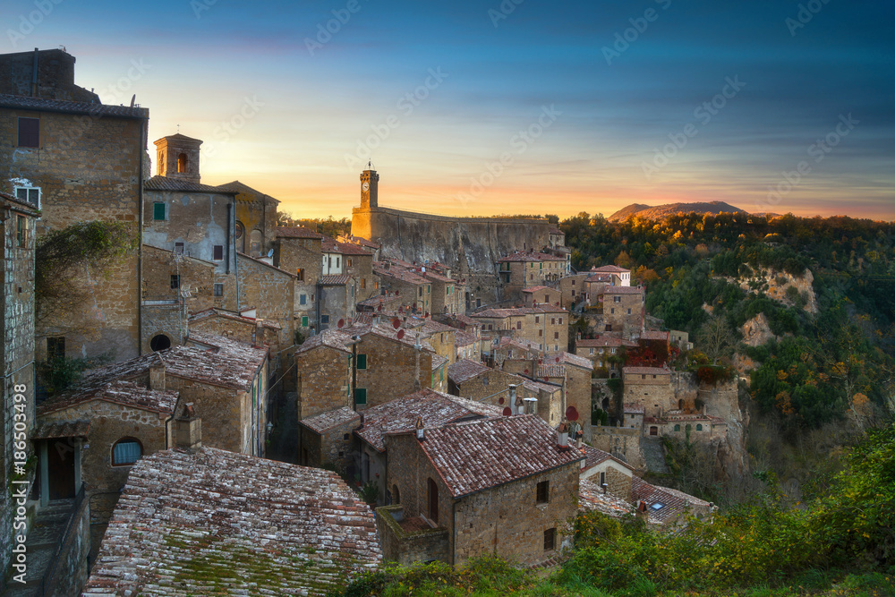 Tuscany, Sorano medieval village panorama sunset. Italy