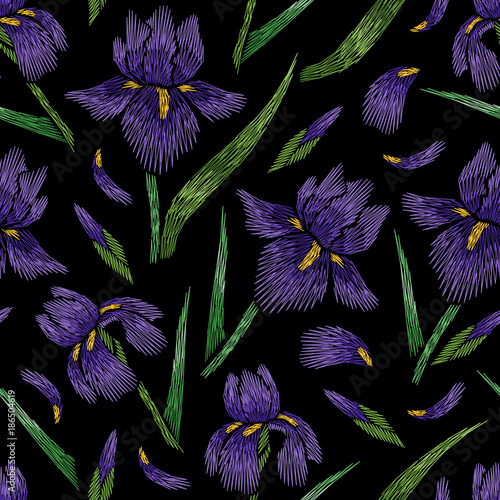 Fototapeta Naklejka Na Ścianę i Meble -  Embroidery seamless floral pattern with iris