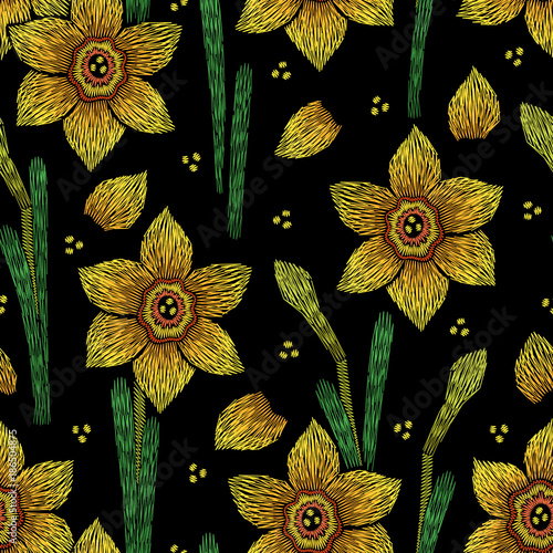 Fototapeta Naklejka Na Ścianę i Meble -  Embroidery seamless floral pattern with narcissus