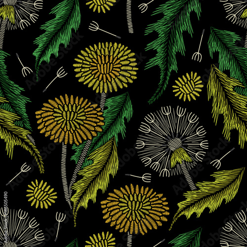 Fototapeta Naklejka Na Ścianę i Meble -  Embroidery seamless floral pattern with dandelion