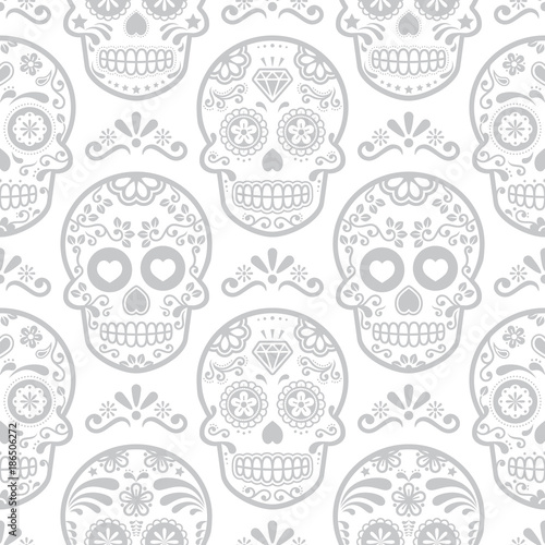 Mexican sugar skull vector seamless pattern, Halloween candy skulls background, Day of the Dead celebration, Calavera design 