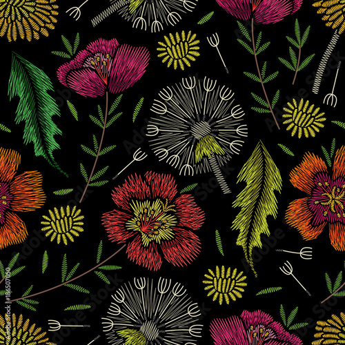 Fototapeta Naklejka Na Ścianę i Meble -  Embroidery seamless floral pattern with dandelion and portulaca