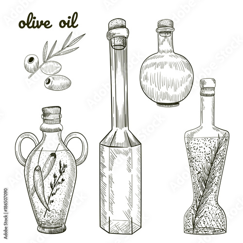 Oil bottles hand drawn sketch isolated on white background. Olives and different bottles shapes illustration.