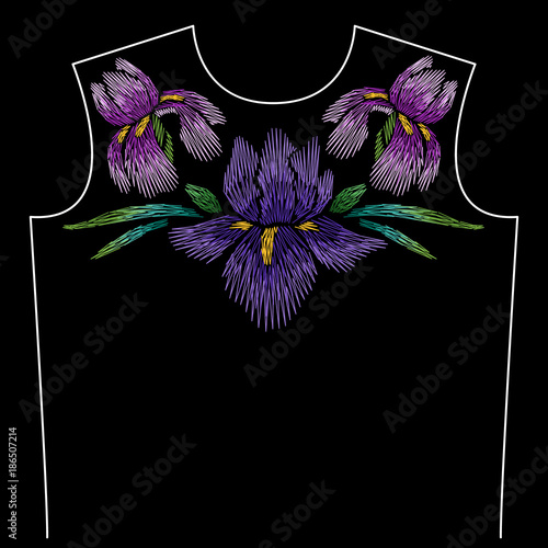 Fototapeta Naklejka Na Ścianę i Meble -  Embroidery neck line pattern with iris