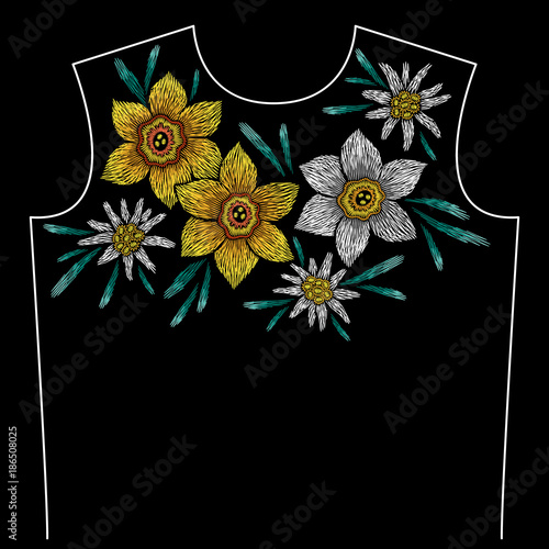 Fototapeta Naklejka Na Ścianę i Meble -  Embroidery neck line pattern with narcissus and edelweiss