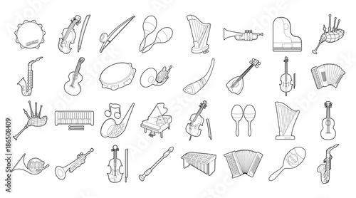 Musical instrument icon set, outline style