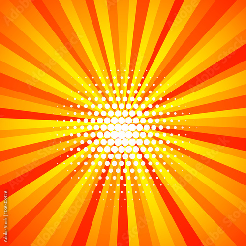 Yellow orange colored summer Pop-Art style blue comics book background, Lichtenstein popart. Pop art comic strip backdrop sunlight, sun ray space. Funny halftone dotted template. Vector illustration.