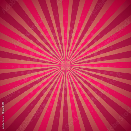 Red pink colored Pop-Art style blue comics book background, Llichtenstein popart. Pop art comic strip backdrop sunlight, sun ray space. Funny halftone dotted template. Vector illustration.