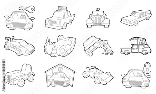 Car icon set, outline style