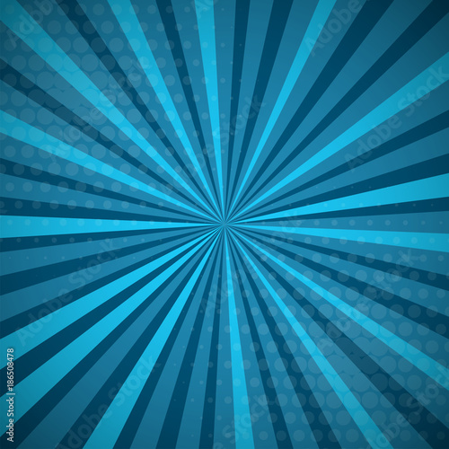 Aquamarine turquoise colored Pop-Art style blue comics book background, Lichtenstein popart. Pop art comic strip backdrop sunlight, sun ray space. Funny halftone dotted template. Vector illustration.