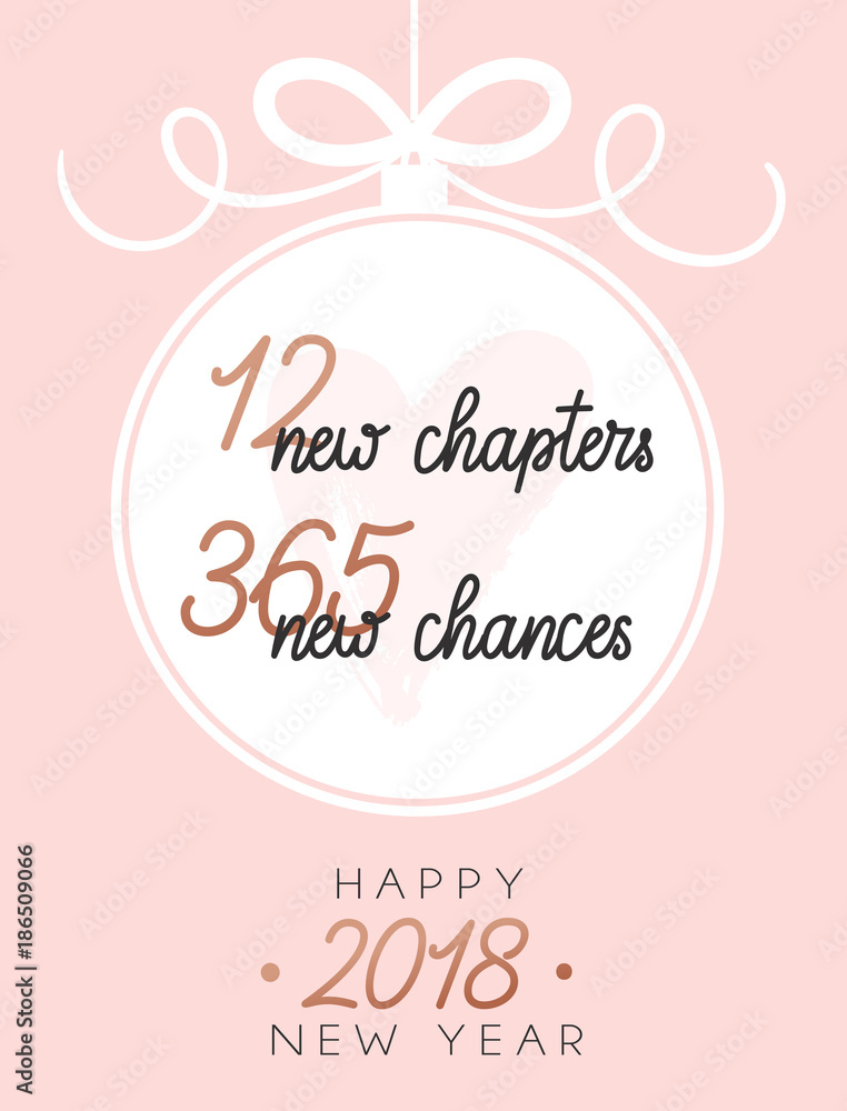 12 new chapters 365 new chances new year card. trendy pink design with golden elements and lettering. new year greeting card.