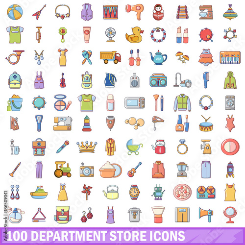 100 department store icons set  cartoon style 