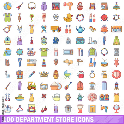 100 department store icons set, cartoon style 
