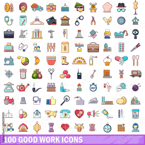 100 good work icons set, cartoon style 
