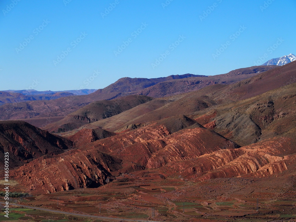 High ATLAS MOUNTAINS range landscape in MOROCCO seen from location near Tizi-n-Tichka pass