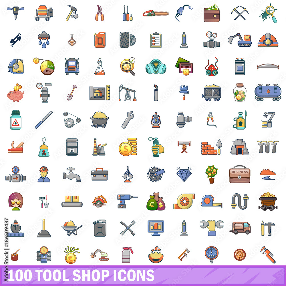 Fototapeta premium 100 tool shop icons set, cartoon style 