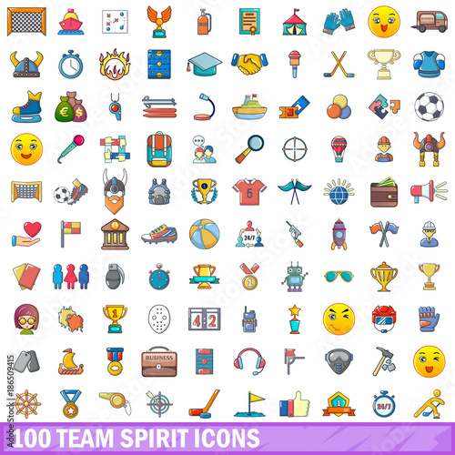 100 team spirit icons set, cartoon style 