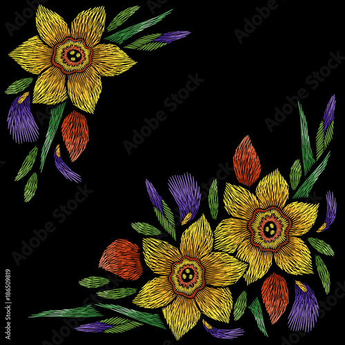 Fototapeta Naklejka Na Ścianę i Meble -  Embroidery corner floral pattern with narcissus, lily and iris petals