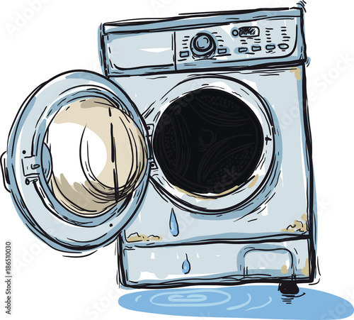 old broken washing machine in need of repair with an open door and leaking water
