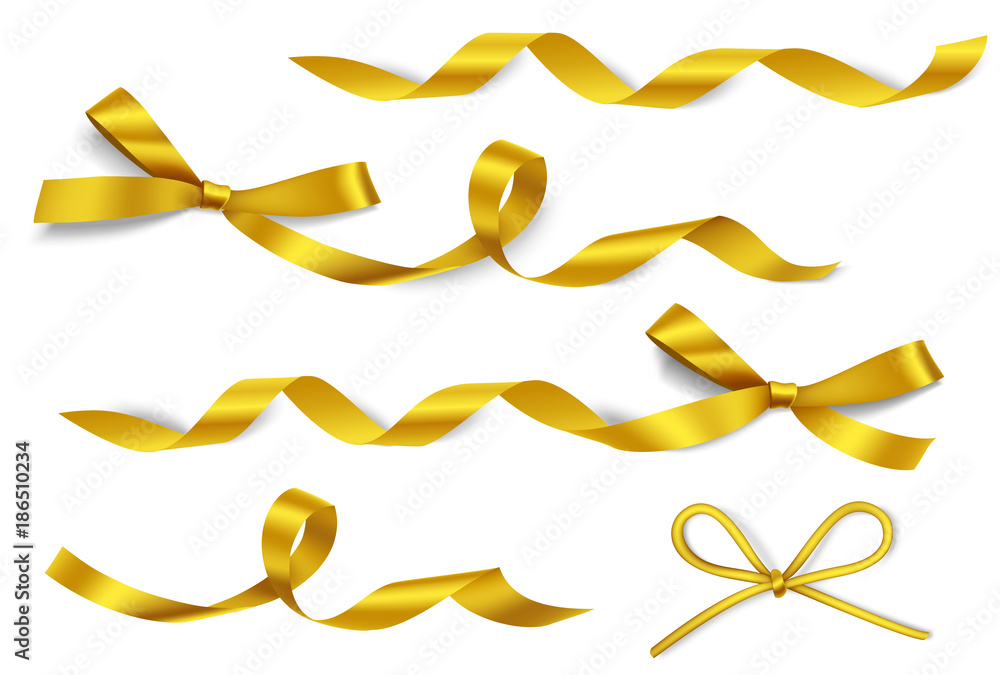 Set Of Decorative Golden Bows With Horizontal Yellow Ribbon