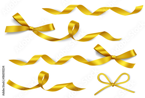 Set of decorative golden bows with horizontal gold ribbons isolated on white. Vector yellow gift bow with curled ribbon for page decor.