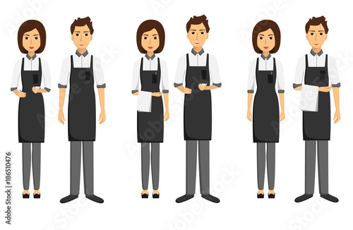 Set of waiters, girls and men written and with towels on their hands. Taking order. Vector flat illustration