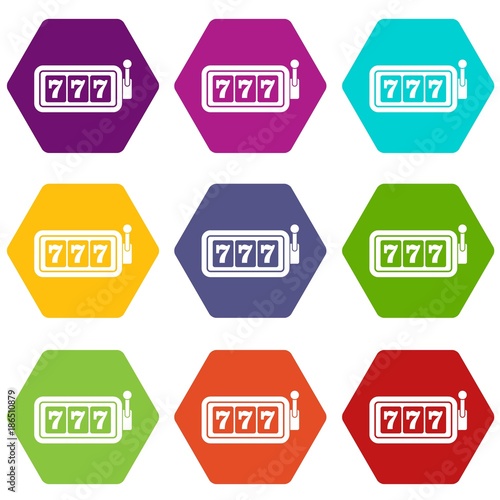 Lucky seven on slot machine icon set color hexahedron