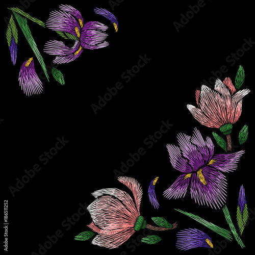 Fototapeta Naklejka Na Ścianę i Meble -  Embroidery corner floral pattern with iris and magnolia