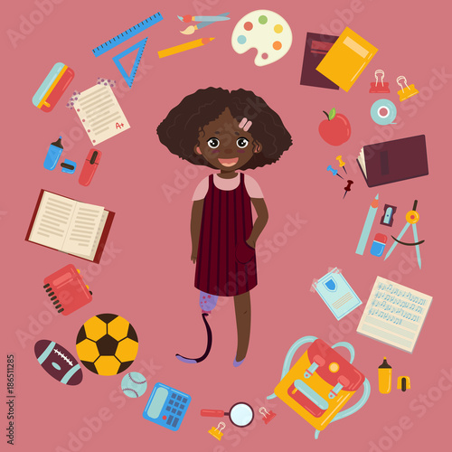 Disabled schoolgirl with leg prothesis and school supplies
