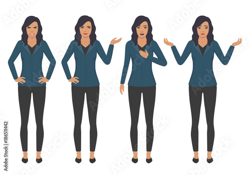  vector illustration of a woman character expressions with hands gesture, cartoon businesswoman wit different emotion 