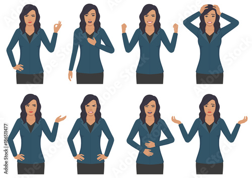  vector illustration of a woman character expressions with hands gesture, cartoon businesswoman wit different emotion 