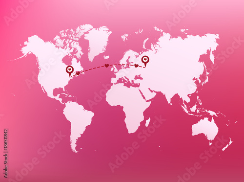 Vector Romantic illustration - World Map with Heart tags