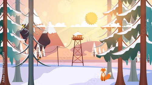 Flat Style Beautiful Landscape Illustration, with Wooden ViewPoint Building.