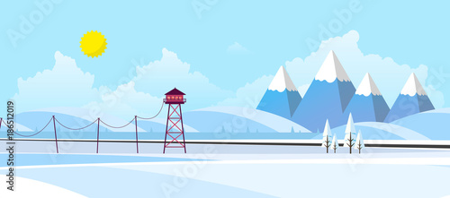 Flat Style Beautiful Landscape Illustration, with Wooden ViewPoint Building.