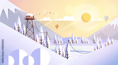 Flat Style Beautiful Landscape Illustration, with Wooden ViewPoint Building.