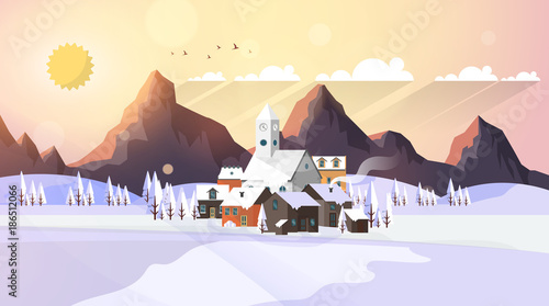 Flat Style Beautiful Landscape Illustration, with Little Town and Church..