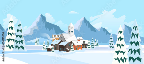 Flat Style Beautiful Landscape Illustration, with Little Town and Church..