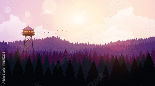 Flat Style Beautiful Landscape, Natural Parkland Illustration, with Wooden ViewPoint Building.