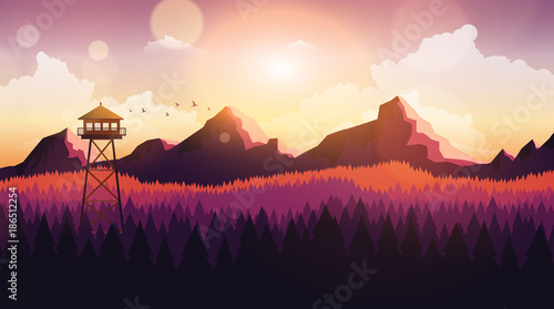 Flat Style Beautiful Landscape, Natural Parkland Illustration, with Wooden ViewPoint Building.