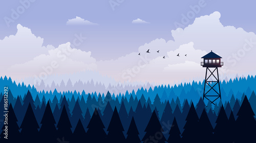 Flat Style Beautiful Landscape, Natural Parkland Illustration, with Wooden ViewPoint Building.