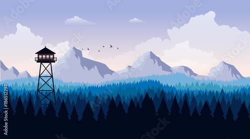 Flat Style Beautiful Landscape, Natural Parkland Illustration, with Wooden ViewPoint Building.