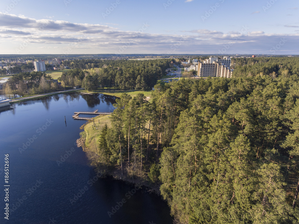 Aerial view over Druskininkai city resort complex, Lithuania. During sunny spring day.