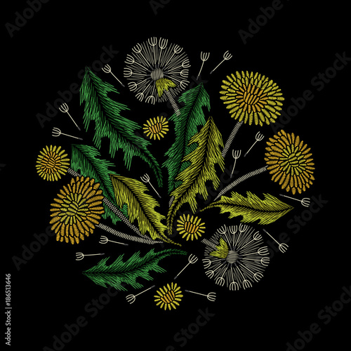 Embroidery circle floral pattern with dandelion on black background