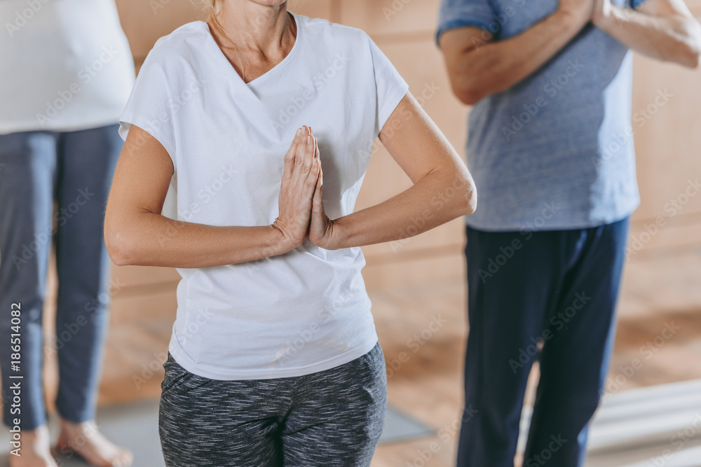 cropped shot of mature people with namaste sign practicing yoga together cropped shot of mature people with namaste sign practicing yoga together