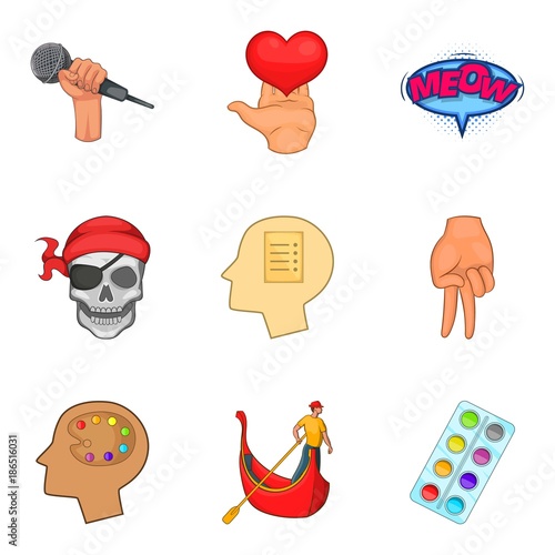 Performance by people icons set, cartoon style