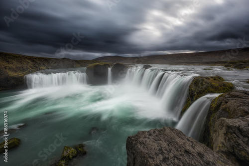 Long exposure of dark clouds and Godafoss waterfall in Northern Iceland